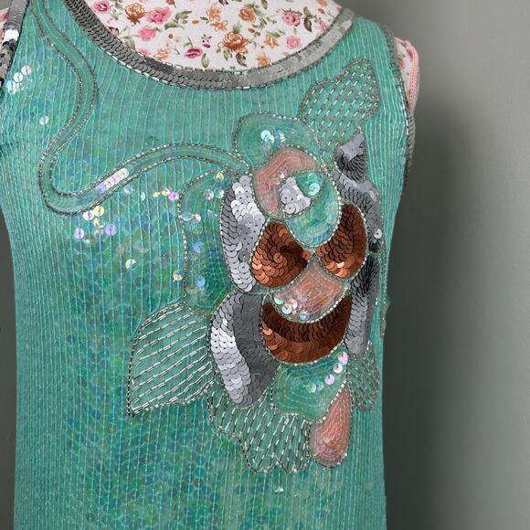 Vintage Aqua Blue Sequin Beaded Fringe Flapper Dress 1920s Costume sz Small Silk - Picture 3 of 12